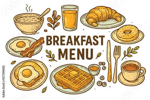 Delicious breakfast menu featuring various classic dishes on a table setting