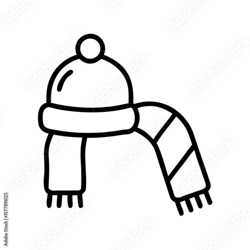 Beanie hat and scarf in simple outline style for winter concept  
