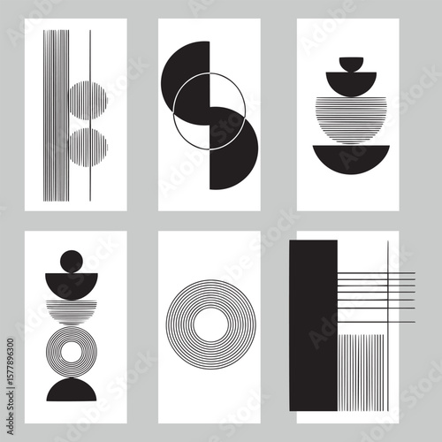 Abstract minimal element mid century vector set. Aesthetic contemporary stripe line art, geometric shape in monochrome. Art form design for wall art, decoration, wallpaper