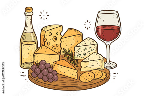 Delicious cheese platter featuring assorted cheeses, grapes, and wine in a cozy setting