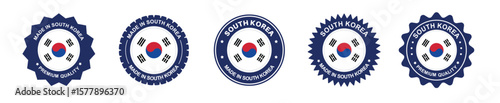 south korea product label set. south korea flag, premium made in south korea. Labels, seals, stamps, flags, icons