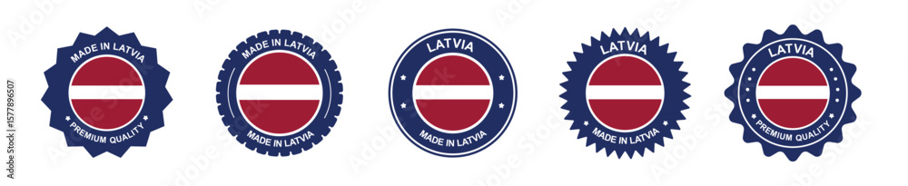 Fototapeta premium Latvia product labels set. latvia flag, premium made in latvia . Labels, seals, stamps, flags, icons