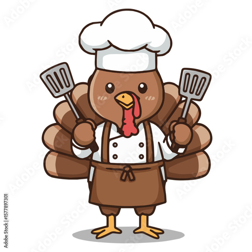 A Delightful Cartoon Turkey Mascot Dressed as a Professional Chef, Wearing a Tall Hat and Apron, Holding Cooking Utensils and Ready to Prepare a Feast