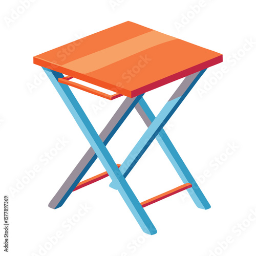 Folding metal ironing board on a brown wooden table with an empty chair