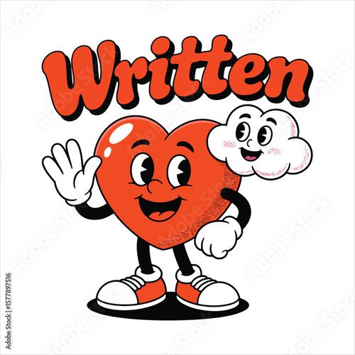 Happy cartoon heart character waving hello with a friendly cloud companion