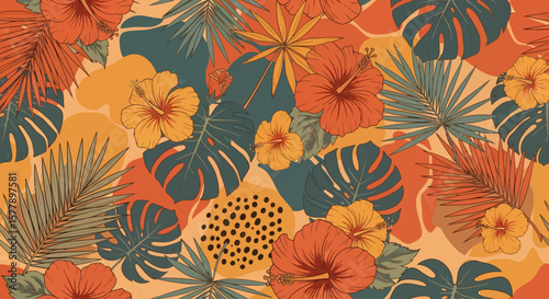 Retro Tropical Pattern with Hibiscus Flowers and Monstera Leaves.