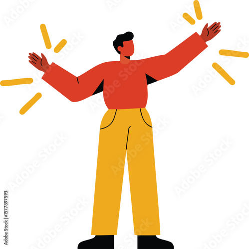 Man in orange sweater and yellow pants with raised arms vector illustration expressing joy and excitement 