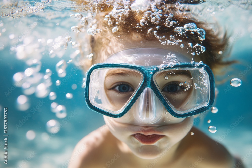 Naklejka premium A child wearing goggles dives underwater, surrounded by shimmering air bubbles. The playful energy of youth is visible as they explore beneath the waters surface, highlighting a joyful moment