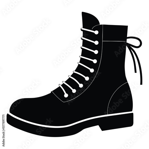 Black combat boot laced with white footwear