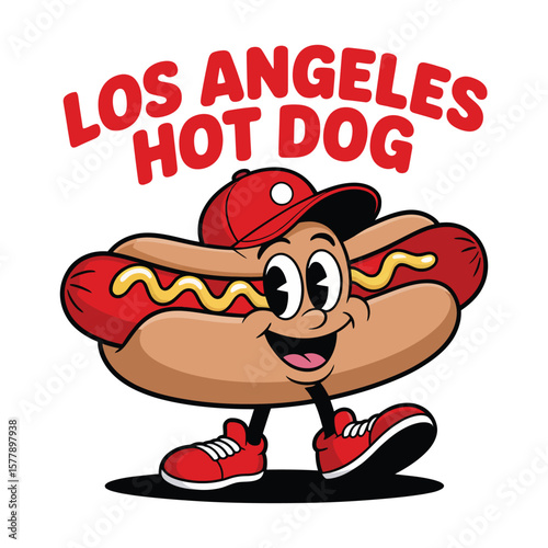 Happy cartoon los angeles hot dog character wearing a red baseball cap and sneakers
