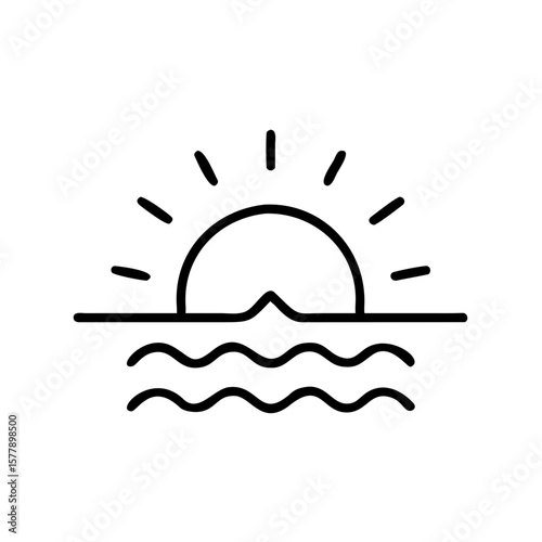 Sunset illustration with sun rising above ocean waves in minimal style  