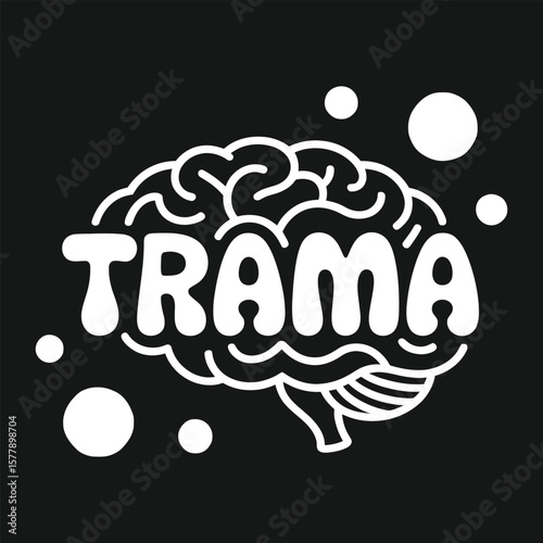 White trama text integrated into a stylized brain illustration on black background