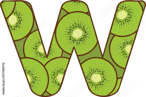 Letter W with kiwi fruit slices pattern healthy fresh fruit design illustration for nutrition and wellness themes 