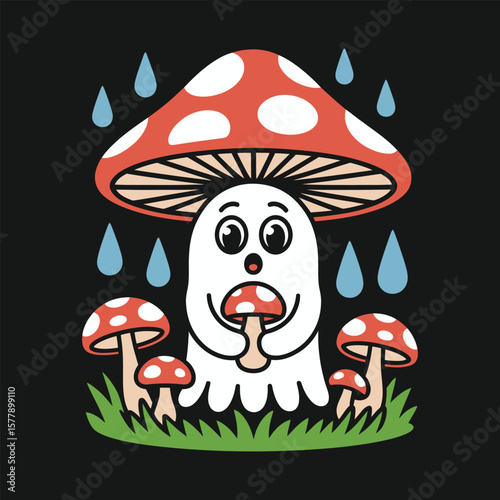 Cute cartoon ghost hiding under a red and white spotted mushroom during rain