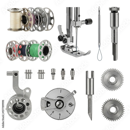 Sewing machine parts on a transparent background, featuring bobbins, presser foot, needle, and gears in sharp focus
