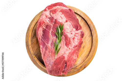 A selection of fresh beef shin, boneless shank meat cuts on a butcher block, emphasizing their quality and versatility for various cooking methods. isolated on white background. top view