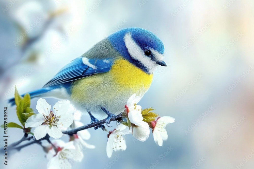 Obraz premium A blue and yellow bird rests on a branch adorned with white blossoms