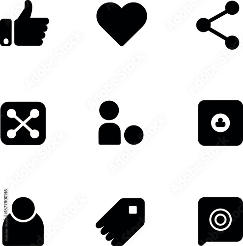Social Media Engagement Icons Set in Black Silhouette Style for Digital Marketing and Online Interaction Platforms