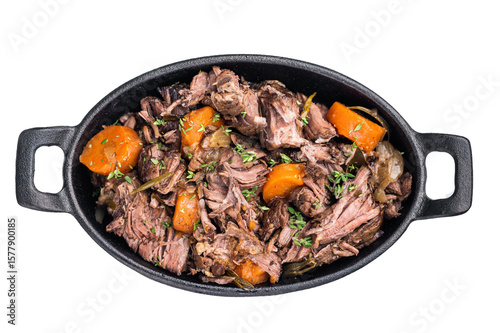 Cuadro en lienzo Skillet of beef bourguignon with tender beef, carrots, and mushrooms isolated on a white background