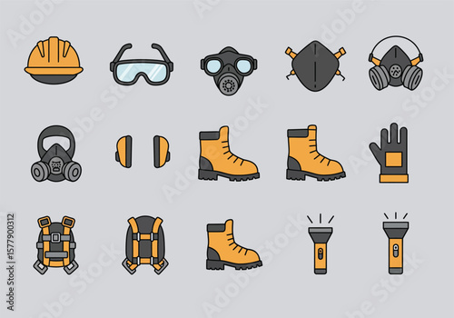 Essential gear Safety construction icon set featuring protective equipment for industrial work environments.