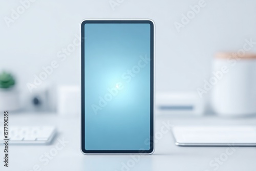 minimalistic arrangement features digital screen displaying facial recognition data patterns with ample copy space