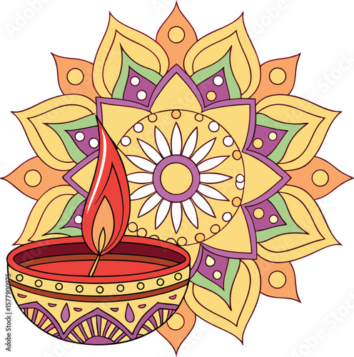 Traditional indian diwali diya oil lamp illuminated against a decorative mandala background featuring vibrant colors and cultural motifs for festive celebrations