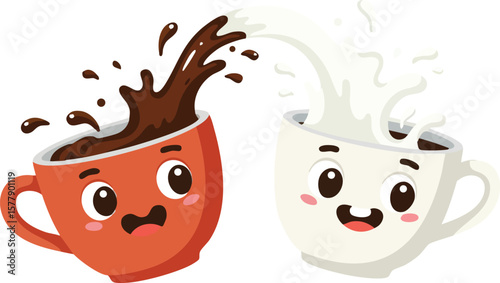 Cute coffee cup and milk cup splashing happy faces vector illustration with playful expression and liquid splash 