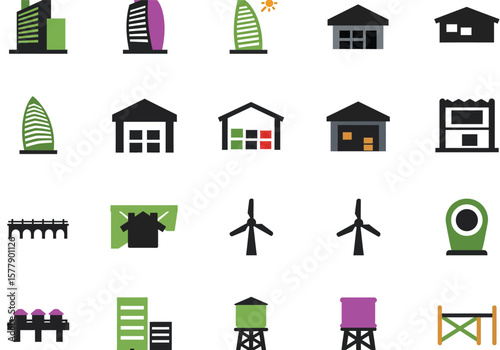 Diverse construction icon Set Vector illustration of buildings, energy sources, and storage structures