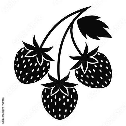 Stylized black and white illustration of three ripe strawberries on a vine with a leaf