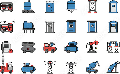 Diverse Construction Icon Set Generator, Portable Toilet, and Tower Collection for Building Projects 