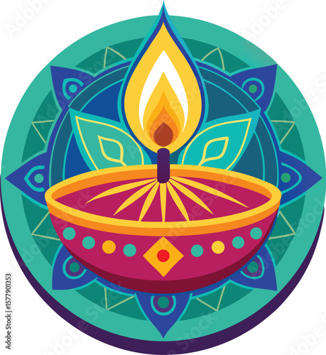 Traditional indian diwali diya lamp with intricate mandala pattern background celebrating the festival of lights with vibrant colors and cultural motifs