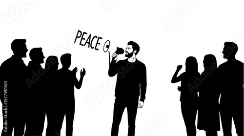 Man holding peace sign surrounded by opposing groups in protest