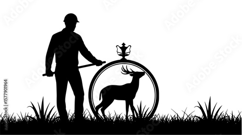 Man holding deer silhouette with decorative wheel in grass