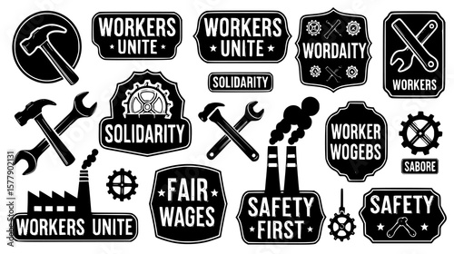 Labor union badges and slogans for workers' rights and solidarity