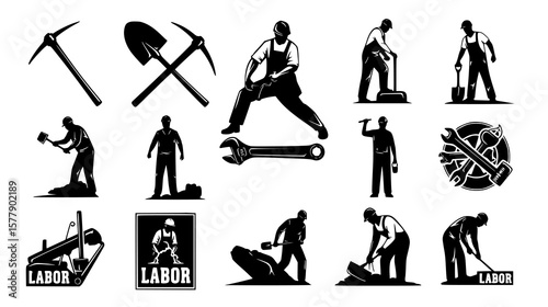 Black labor and construction worker silhouettes at work