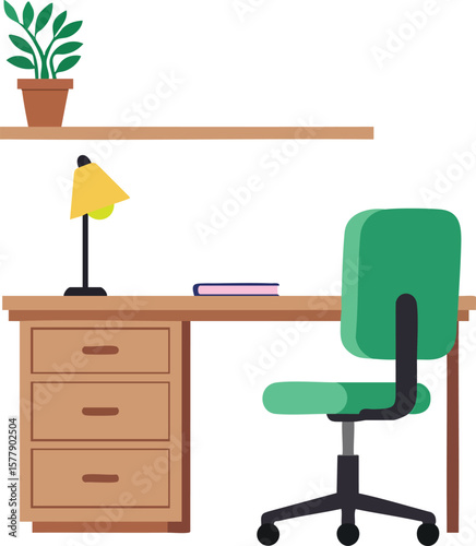 Home office desk with green swivel chair, yellow lamp, potted plant, and book vector illustration 