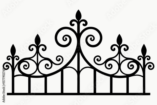 Elegant black wrought iron fence with ornate scrollwork and finials