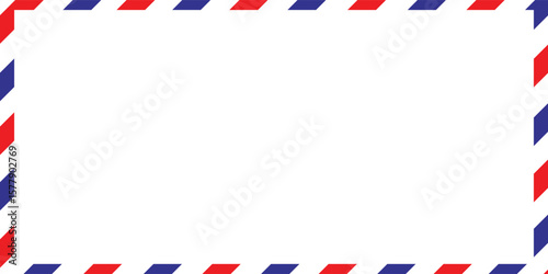 Airmail Envelope frame images with strips. International vintage letter border. Retro air mail postcard with blue and red stripes. Empty classic postal frame. Vector illustration