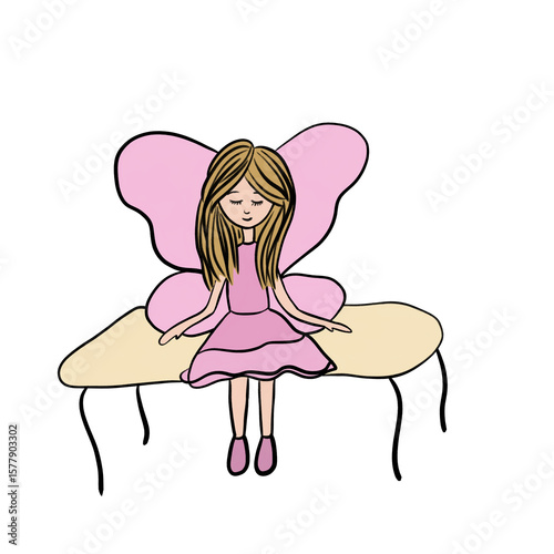 fairy girl with wings in pink dress digital drawing illustration on transparent or white background. cute hand-drawn fairy girl character