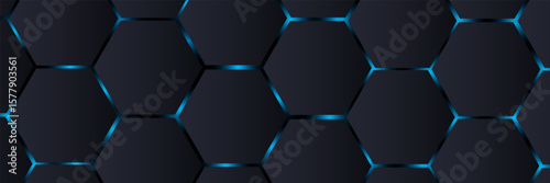 Dark gray hexagonal technology abstract vector background. Blue bright energy flashes under hexagon in futuristic modern technology background vector illustration. Dark gray honeycomb texture grid.