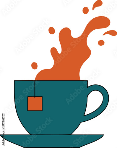 Hot tea cup with splash steam and tea bag illustration in teal blue and orange colors