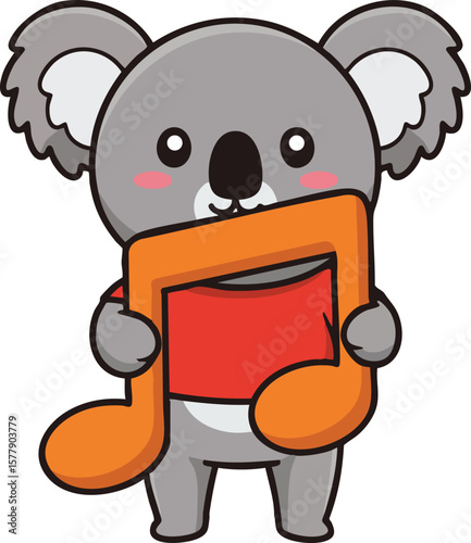 Cute koala holding orange musical note cartoon vector illustration with red book element in simple style 