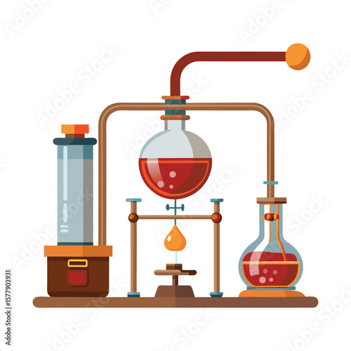Vintage laboratory equipment, including an old-fashioned coffee grinder, is isolated on white, with a metal faucet and glass bottle nearby