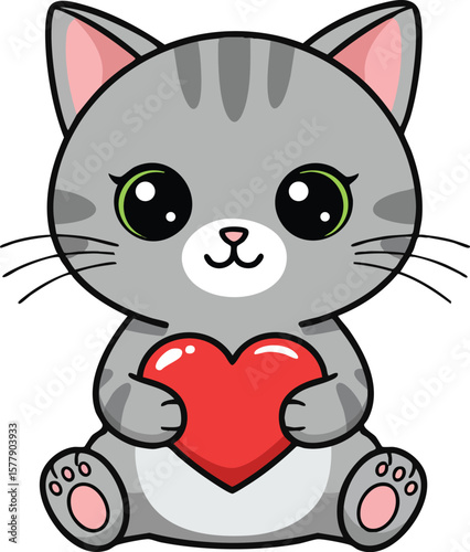 Cute gray kitten holding a red heart symbol of love and affection in adorable cartoon style 