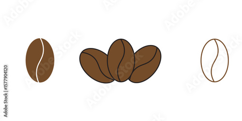 Coffee Bean Icons Set. Outline, Flat, and Filled Styles for Café Branding and Packaging