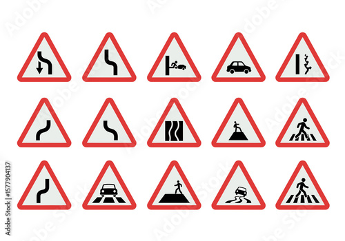 Free Download Collection of triangular warning road signs depicting various hazards and conditions. - GFXLoad