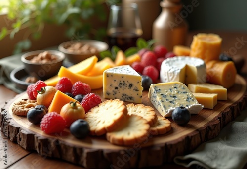 assorted gourmet cheeses artsy charcuterie board display rustic wooden platter flavorful delight appetizing cheese selection, artisan, creamy, sharp