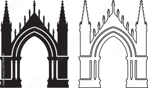 Gothic archway and spire silhouettes and line art, antique church architecture design elements