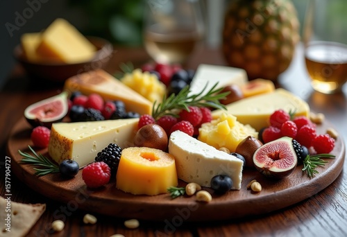 Fototapeta Naklejka Na Ścianę i Meble -  elegant luxury cheese board arrangement rich textures vibrant fruits sophisticated entertaining, platter, gourmet, artisan, cheddar, brie, grapes, figs