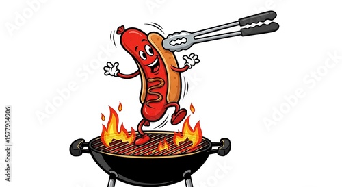 Happy Hot Dog Mascot on Grill with Tongs Barbecue Fun Character Illustration.